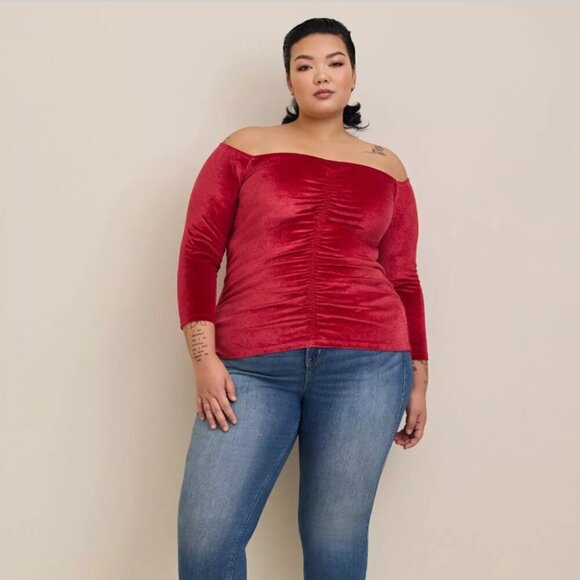 Torrid  Stretch Velvet Shirred Front Off The Shoulder Top RED 3x NEW Nwt - Picture 3 of 12
